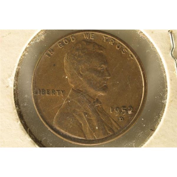 ERORR 1952-D LINCOLN CENT. DIE BREAK ON STEM IN