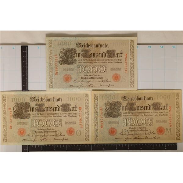 3-1910 GERMAN 1000 MARK BILLS. CRISP UNC