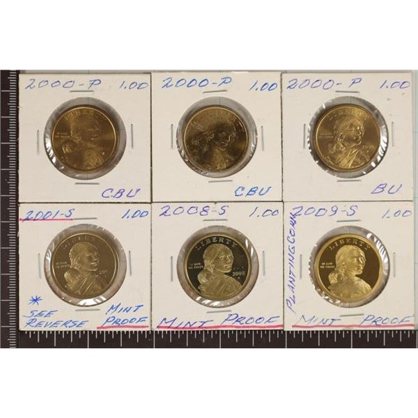 6 SACAGAWEA DOLLARS: 3 BRILLIANT UNC 2000-P AND