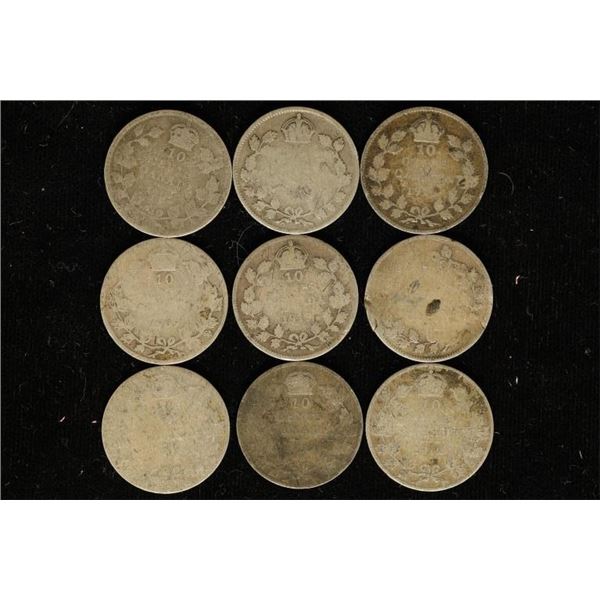 9 CANADA SILVER 10 CENT COINS: 1902, 1909, 1910,