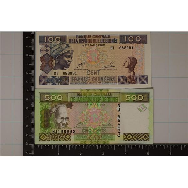 2-1960 GUINEE CRISP UNC COLORIZED BILLS: 100 & 500