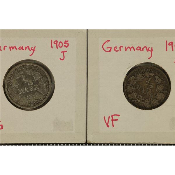 1905-J & 1906-A GERMAN SILVER 1/2 MARKS .1604 OZ.