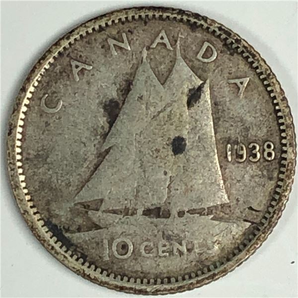 Canadian .10 Cent Dime 1938 Error in 9