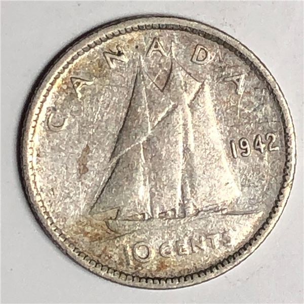 Canadian .10 Cent Dime 1942 F+