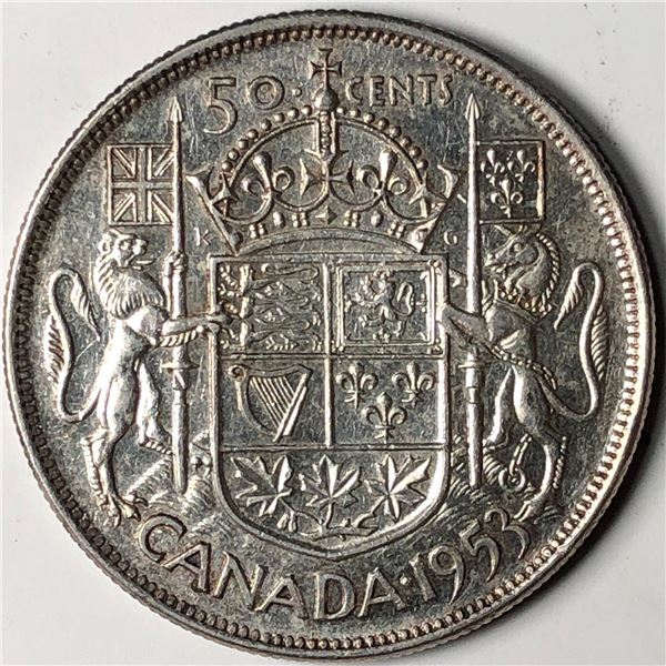 1953 Queen Elizabeth 50 Cents Large Date Shoulder Fold UNC