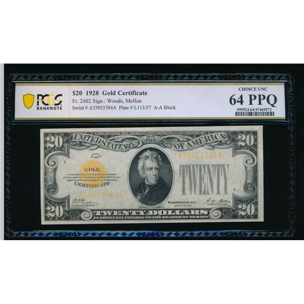 1928 $20 Gold Certificate PCGS 64PPQ