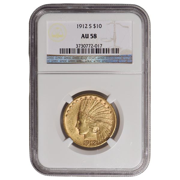 1912-S $10 Indian Head Eagle Gold Coin NGC AU58