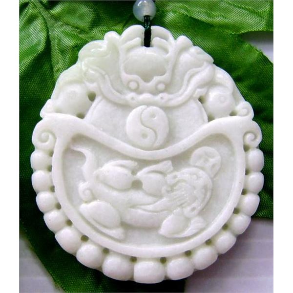 Jade Asian Decor 258cts Real Jade White and Green Tai-Ji And Pi-Xiu Dragon Coin Amulet