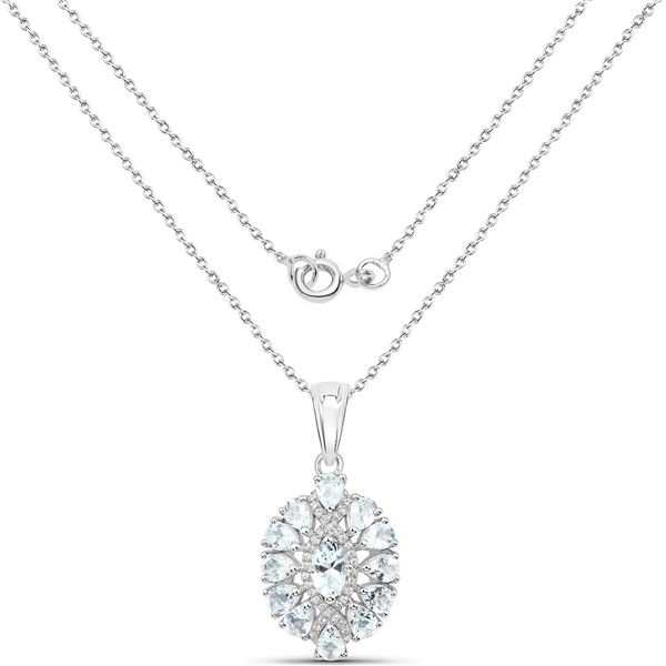 Plated Rhodium 1.80ctw Aquamarine and White Topaz Pendant with Chain