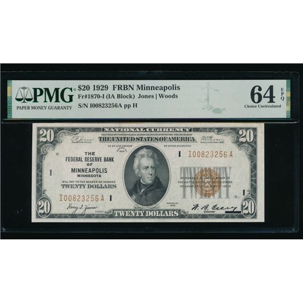 1929 $20 Minneapolis FRBN PMG 64EPQ