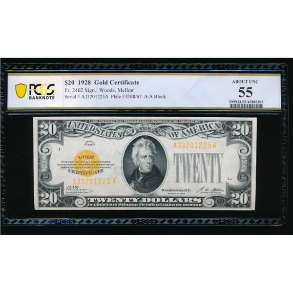 1928 $20 Gold Certificate PCGS 55