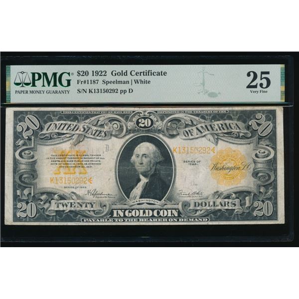 1922 $20 Gold Certificate PMG 25