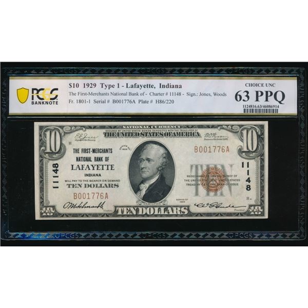 1929 $10 Lafayette IN National PCGS 63PPQ