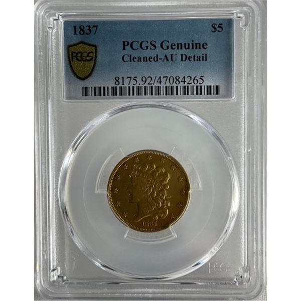 1837 $5 Classic Head Half Eagle Gold Coin PCGS AU Details