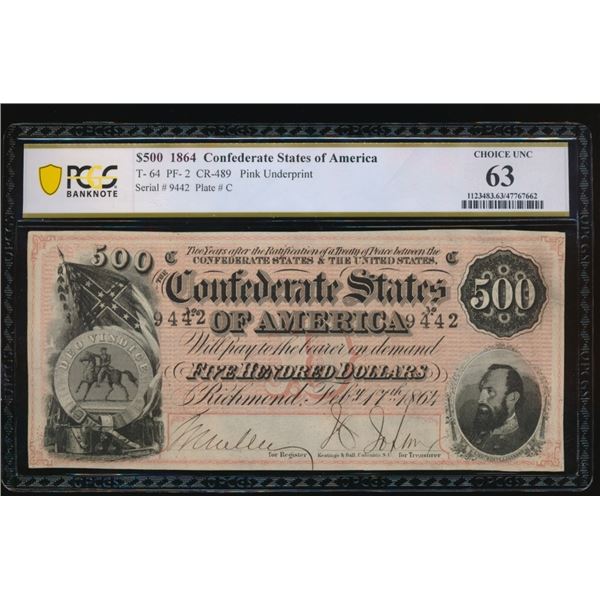 1864 $500 T-64 Confederate PCGS 63