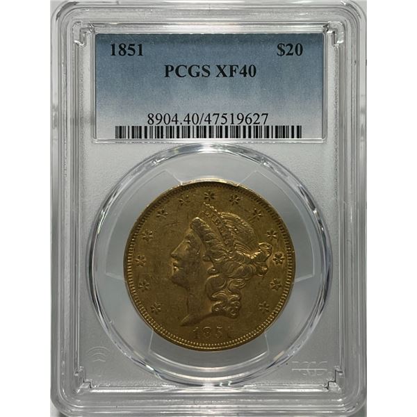 1851 $20 Liberty Head Double Eagle Gold Coin PCGS XF40
