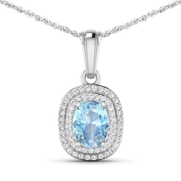 14KT White Gold 0.96ct Aquamarine and Diamond Pendant with Chain