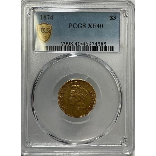 1874 $3 Gold Coin PCGS XF40