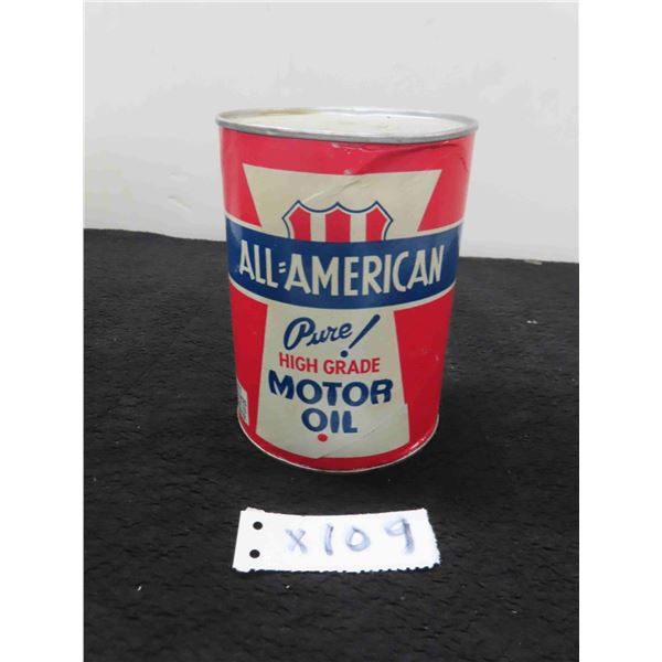 All American Motor Oil Quartz Tin + Cardboard Can with Product