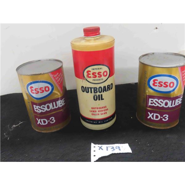 (3) Esso Cans - (1) Plastic Outboard Oil & (2) Engine Oil Quartz Tins