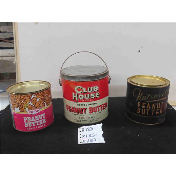 (3) Peanut Butter Tins - Co Op 48 OZ , Club House 6 LBS , Nutsweet 5LBS