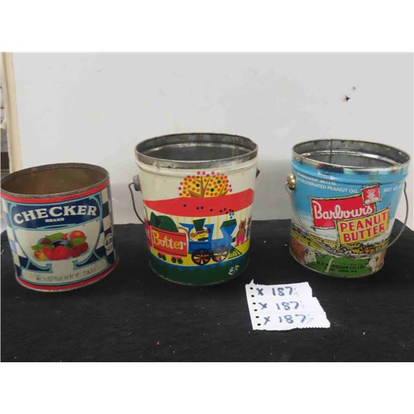 (3) Peanut Butter & Jam Tins - Checker Jam , Barbours Peanut Butter ,