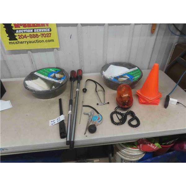 Various Automotive Items : Oil Changing Kit , Lights , Pylons , Plus