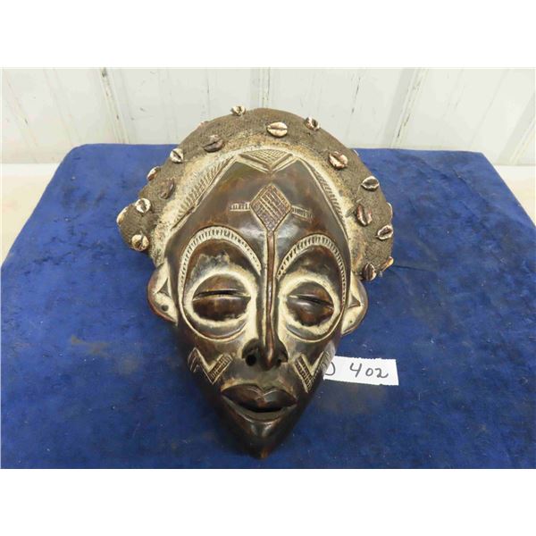 Vintage Handcarved Tribal Mask with Shell Decoration on Head Covering