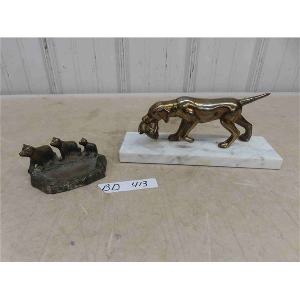 Vintage Brass Sculpture of Hunting Dog on Marble Base 11'' x 5'' , Spelter 