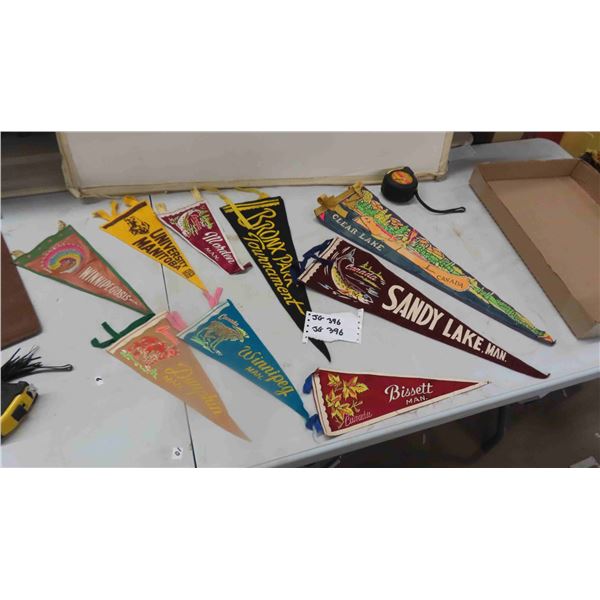 9 Vintage Pennants ; Clear Lake, Bisset, Dauphin, Sandy Lake, Morden, Winnipegosis,