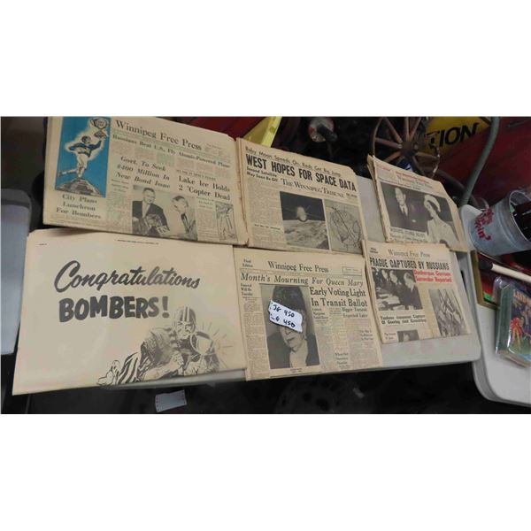 5 Vintage Winnipeg Free Press Papers - 1958, 57, 45, 39, 53 ; Blue Bombers, Tribune, 