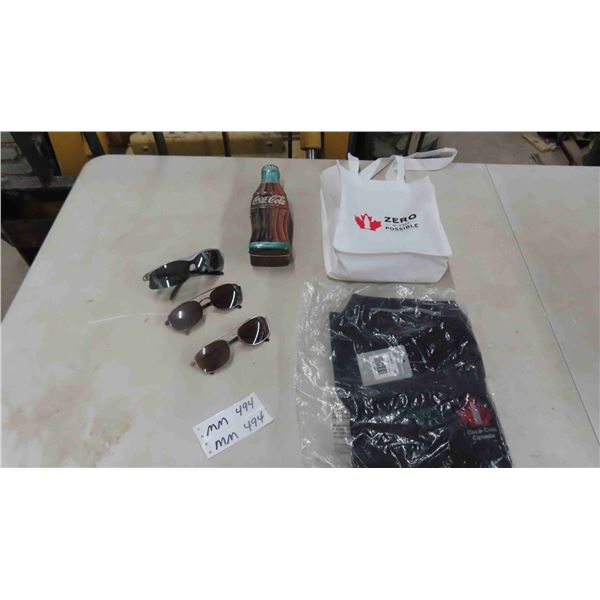 Coca-Cola Employee Shirt, Bag, Tin Lot & 3 Pairs of Sunglasses