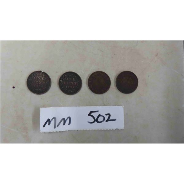 (4) 1902 Canadian Large Cent Coins