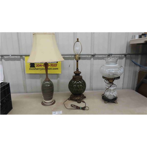 Mid Century Modern Teak Lamp with Shade, Hurricane Lamp & Glass + Brass Lamp