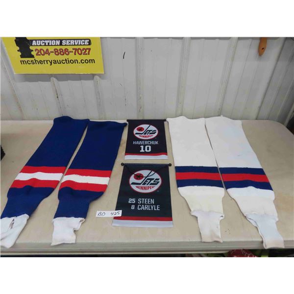 Vintage WPG Jets Game Used Home + Away 1980s Hockey Socks & 2 Banners