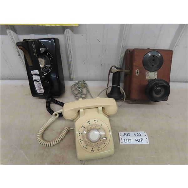 3 Telephones ; Antique Oak, Vintage Wall Phone with Shoulder Rest, Rotary Dial 