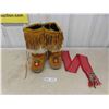 Image 1 : Vintage Leather + Fur Beaded Mukluks with Fringe - Exc. Condition - Soles 9" Long, 