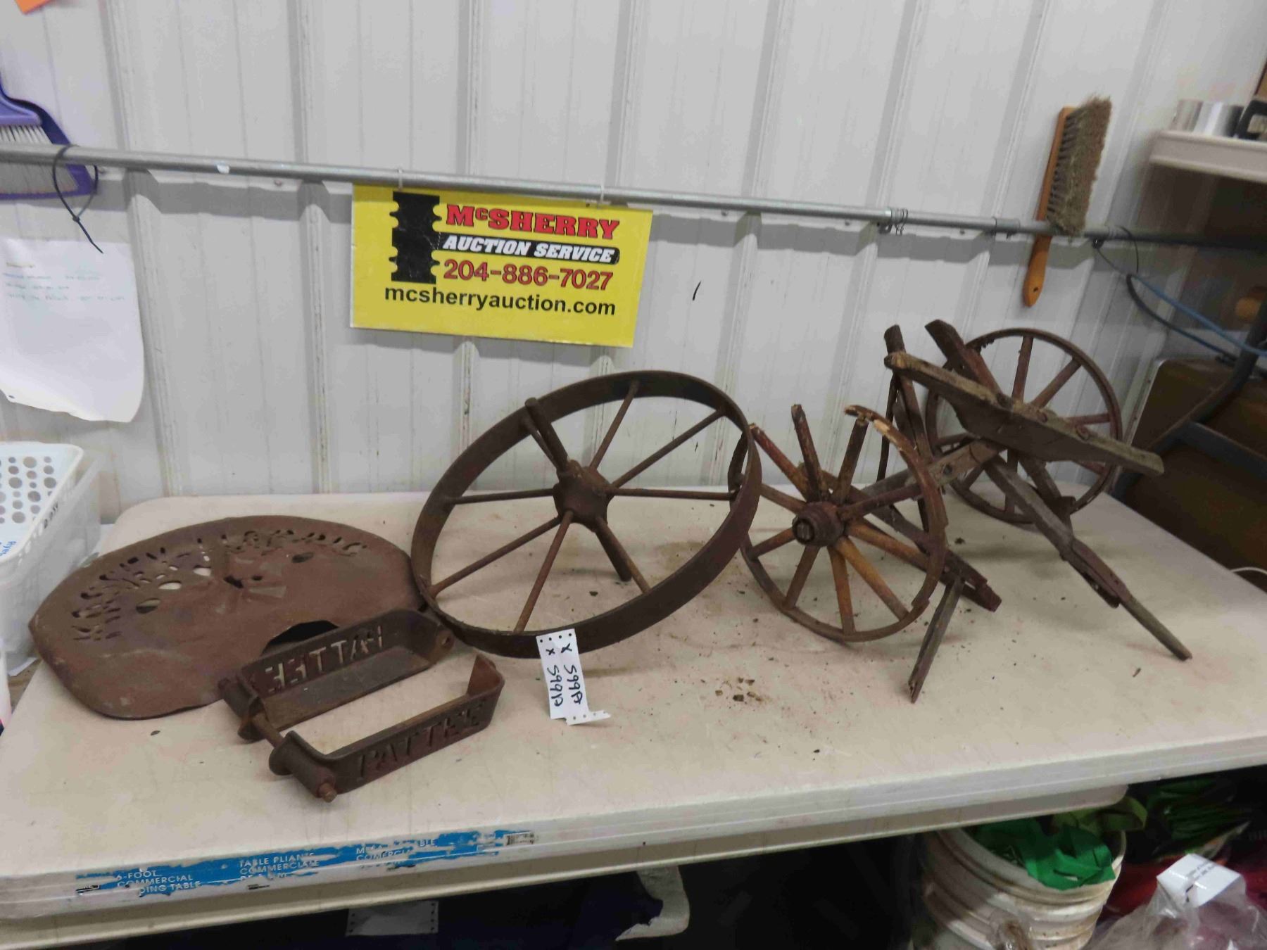 Steel Wheel, Small Wooden Wheel - Rough Condition, Cast Implement Tool Box,