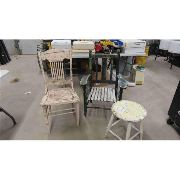 2 Vintage Wood Chairs + Stool