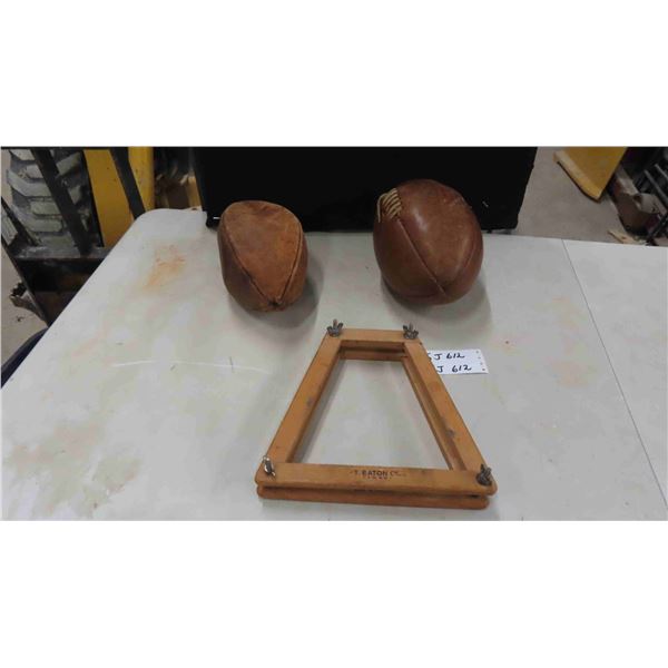 2 Vintage Footballs & Wood Tennis Racket Press Protector