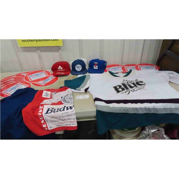 Labatt's Blue Jersey sz XL, Budweiser Shorts Sz Lg, Ball Caps, Budweiser Giant