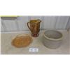 Image 1 : Carnival Glass ; Pitcher, Cookie Tray & Crock - has crack