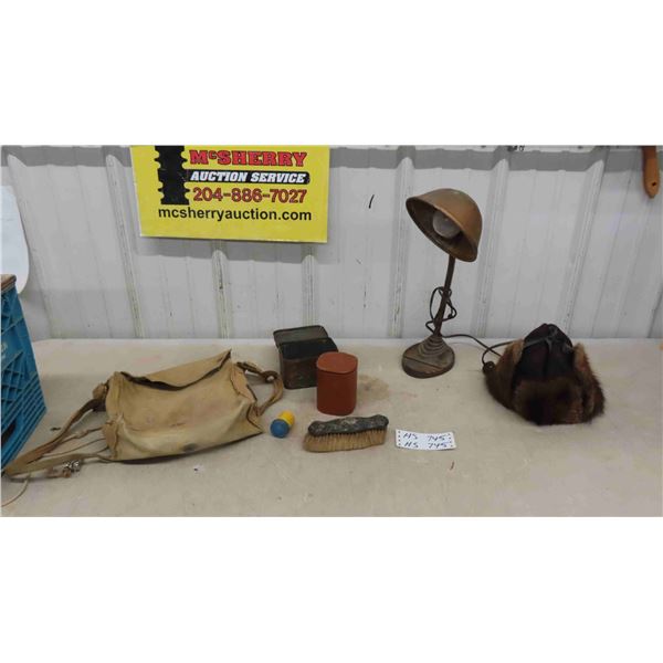 Vintage Lamp, Brush, Canvas Bag with Water Cup, Matches, RCMP Hat