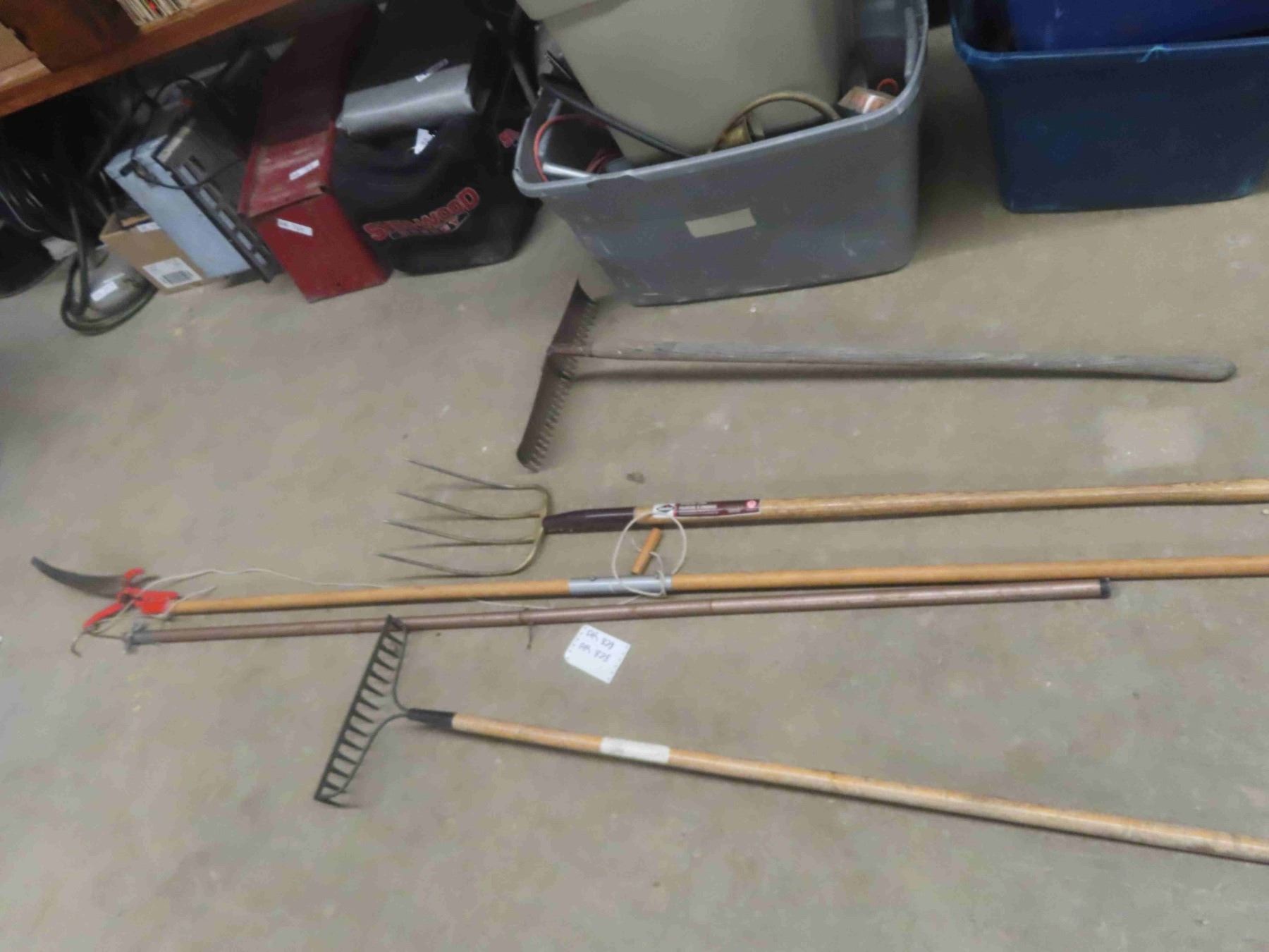 5 Yard Tools ; Fork, 2 Rakes, Tree Branch Cutter, Hook
