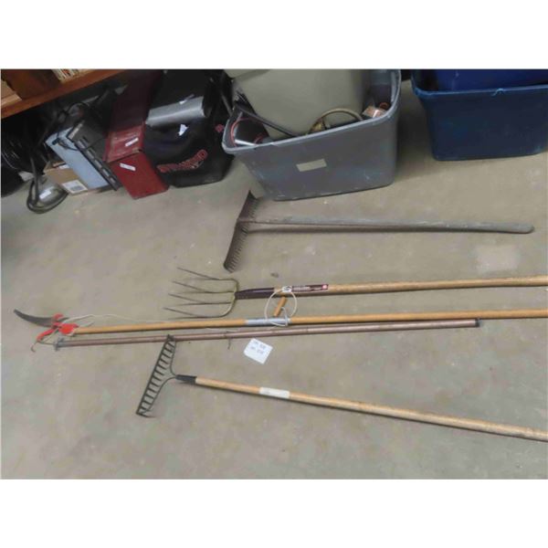 5 Yard Tools ; Fork, 2 Rakes, Tree Branch Cutter, Hook