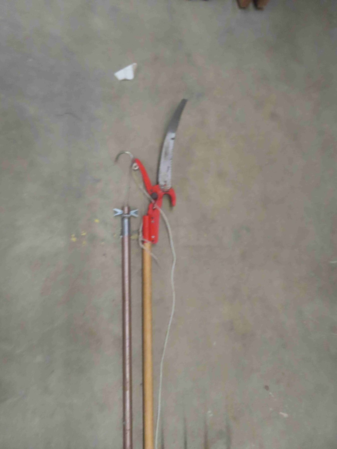 5 Yard Tools ; Fork, 2 Rakes, Tree Branch Cutter, Hook