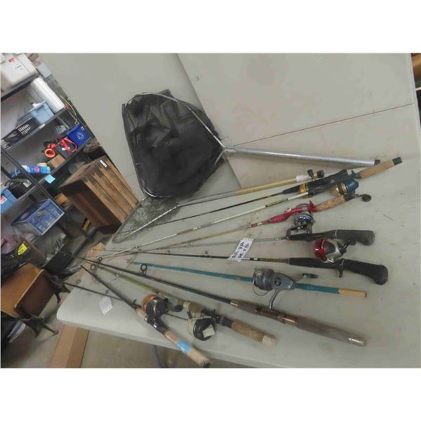 7 Fishing Rods + Reels & 2 Nets