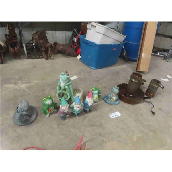 8 Yard Ornaments & Small Fountain, Plastic + Cement ; Frogs + Gnomes