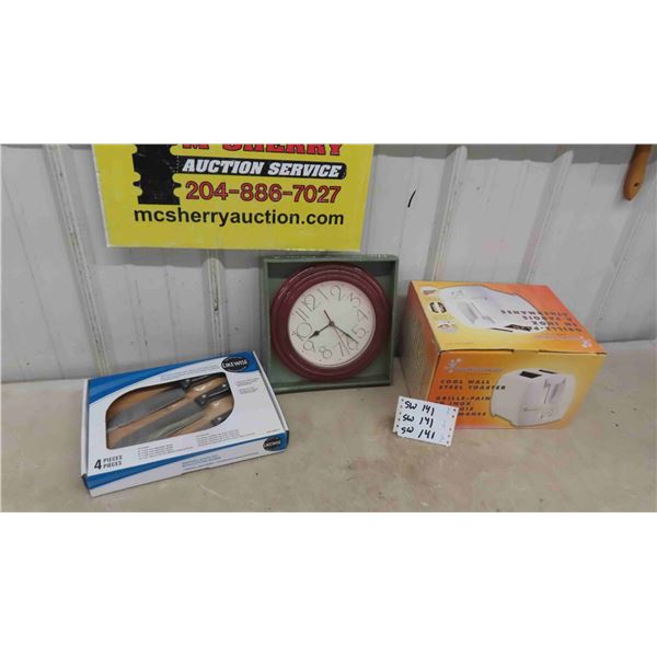 3 New Household Items: Clock , 4 Piece Knife Set , Cool Wall Steel