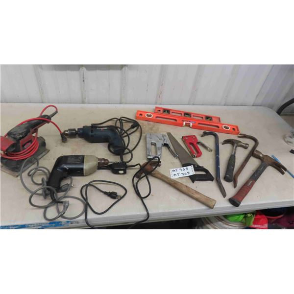 3 Power Tools, Drills, Sander, Stapler, Level, Wrecking Bar, Hammers, plus more